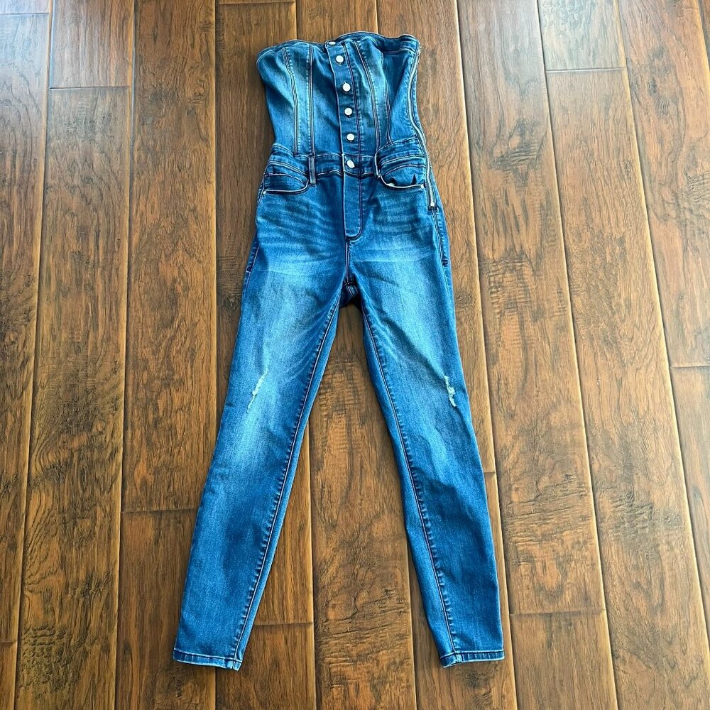 Bebe Strapless Denim Jumpsuit Blue Jean 90s Style One Piece Size 27 - Picture 5 of 8